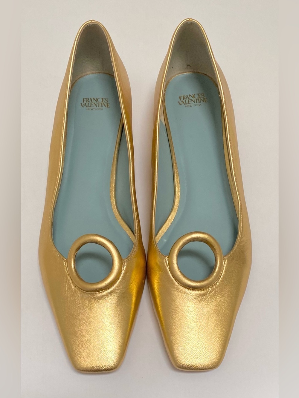 Frances Valentine Regan Metallic Gold Leather Square Toe Flats 10 B